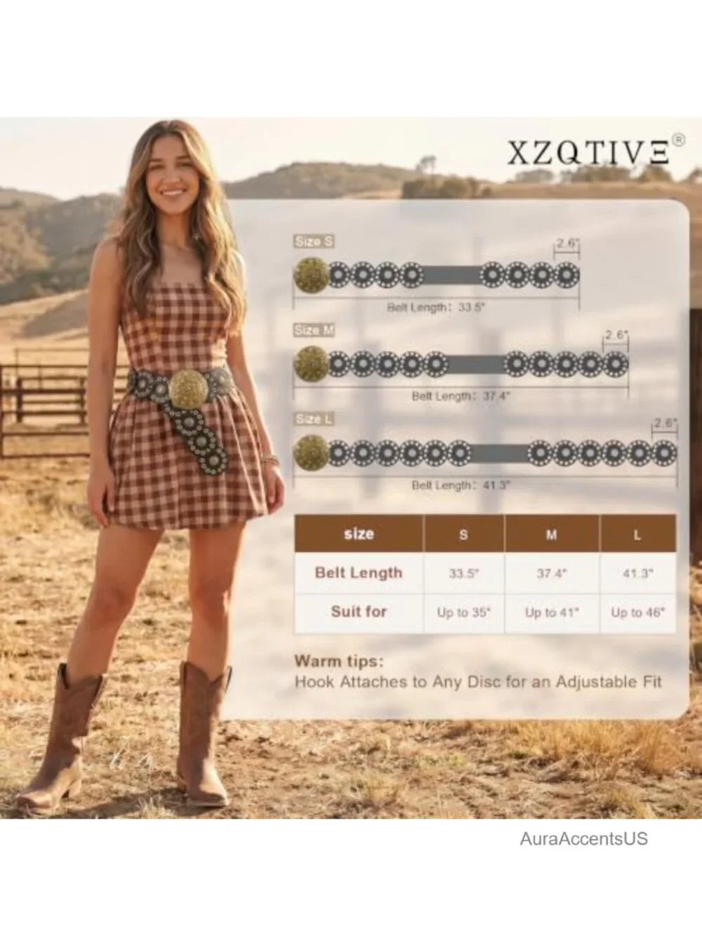 Faux Leather Western Belt with Concho Discs Adjustable Wide Belt for Dresses
